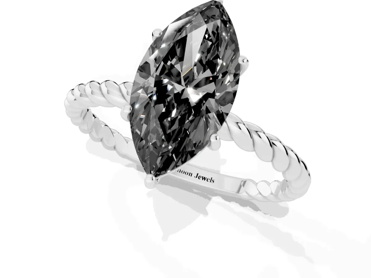Fancy Black Marquise Cut Solitaire Twisted Band 4-Prong Ring Silver