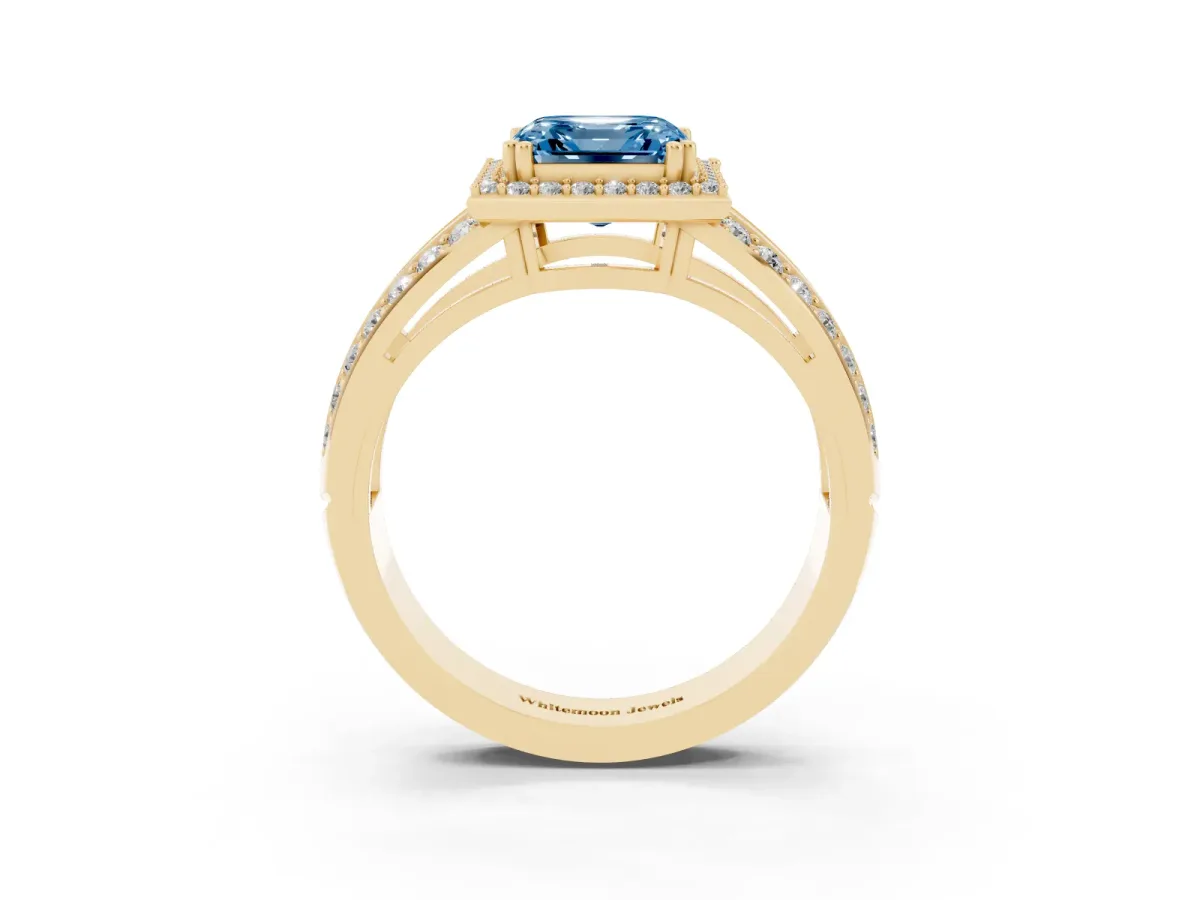 Fancy Blue Asscher Cut Diamond Halo Ring with Split Shank Pavé Band and Four-Prong Setting Yellow gold
