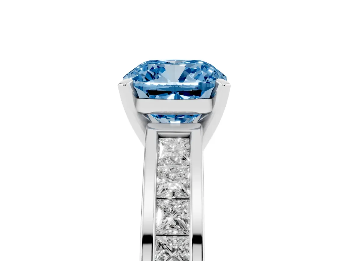 Fancy Blue Cushion Cut Solitaire Diamond Ring with Channel-Set Band and Four-Prong Setting Silver