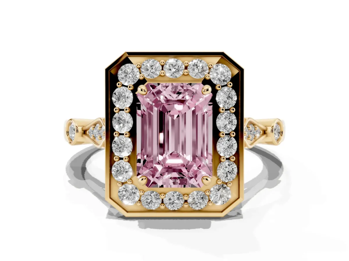 Fancy Pink Emerald Cut Halo Diamond Engagement Ring with Twisted Band and Four-Prong Setting Yellow gold