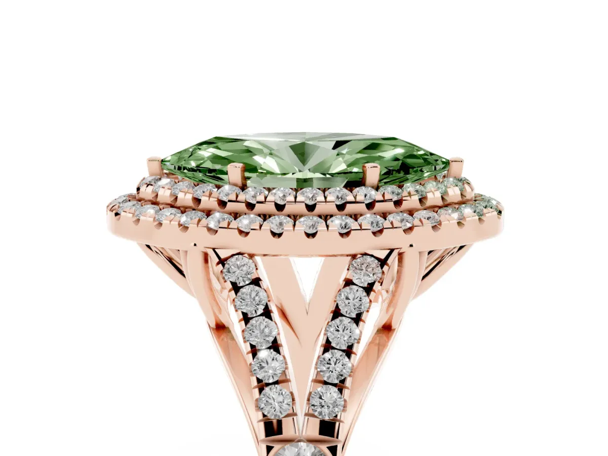 Fancy Green Marquise Cut Cut Double Halo Split Shank Diamond Ring with Prong Setting Rose gold