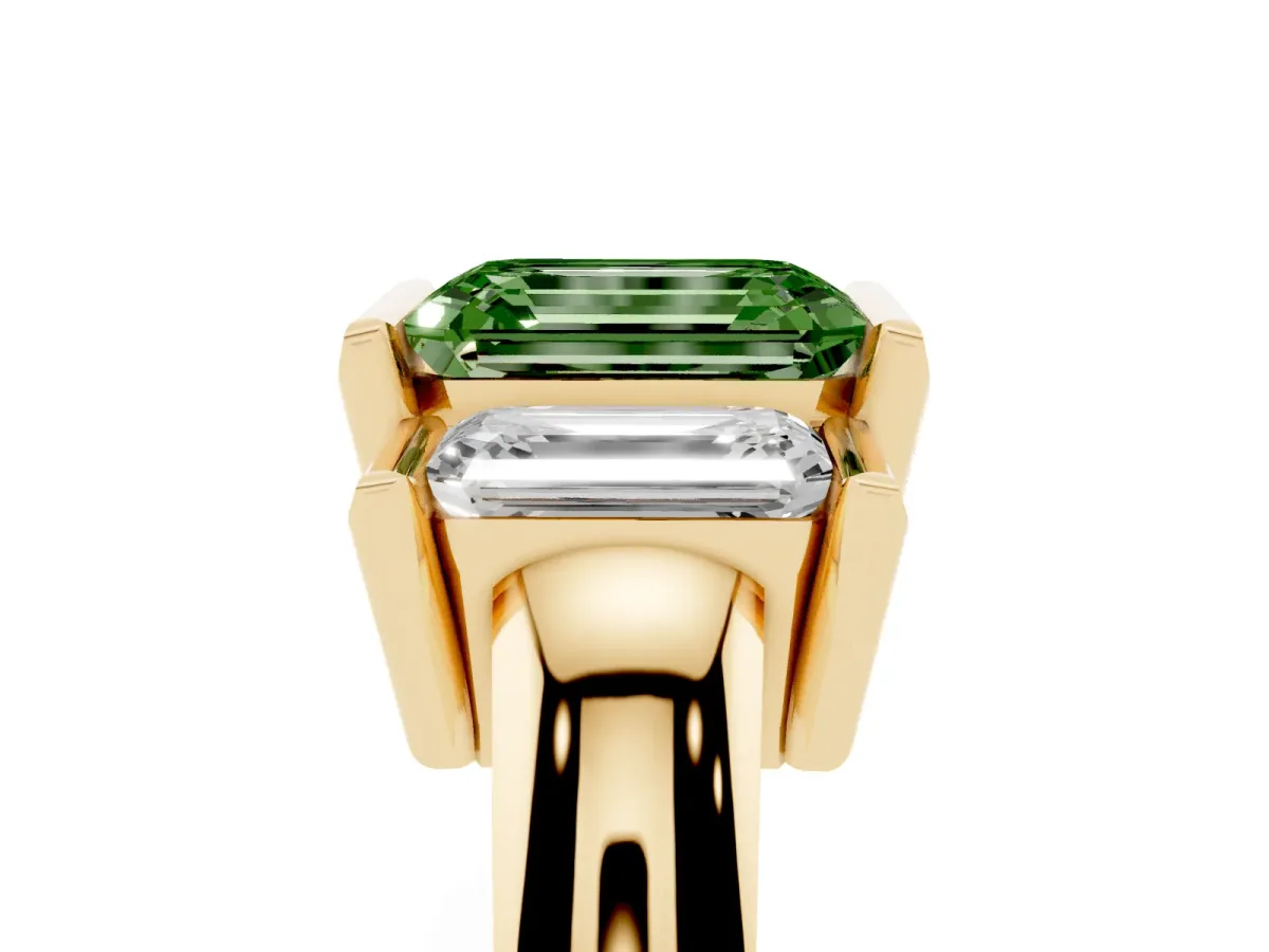 Fancy Green Three Stone Emerald Cut Cut Channel Set Diamond Ring Yellow gold