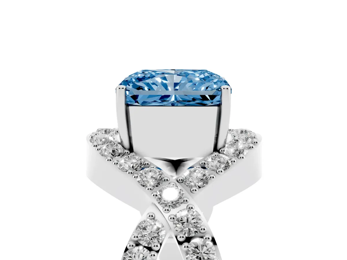 Fancy Blue Radiant Cut Solitaire Twist Band Pavé Diamond Engagement Ring Platinum