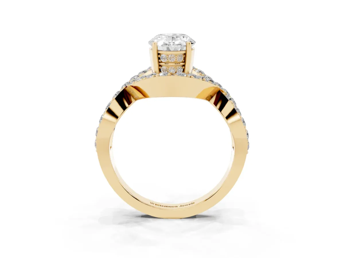 Oval Cut Solitaire Twist Band Pavé Diamond Engagement Ring Yellow gold