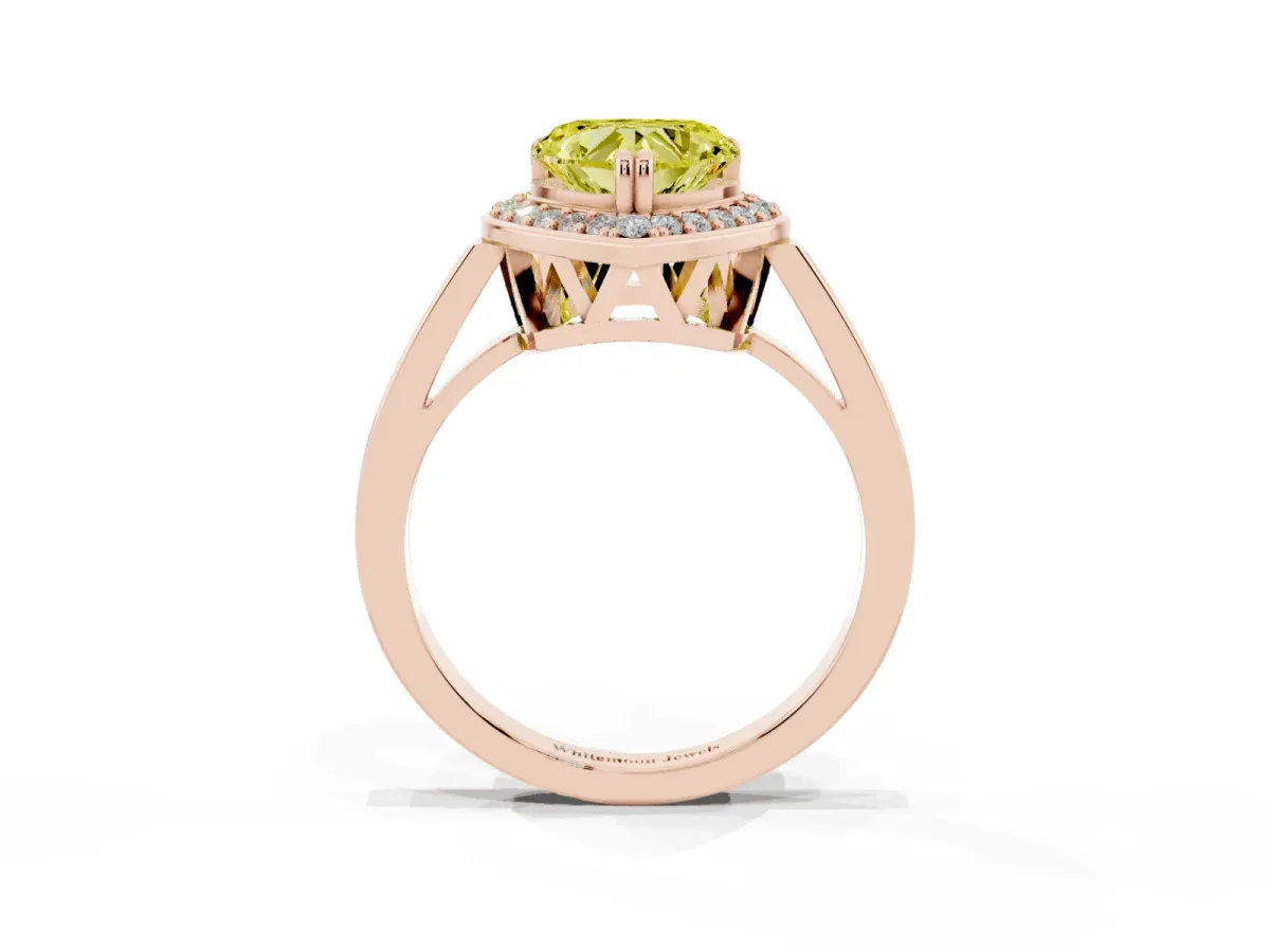 Fancy Yellow Heart Cut Diamond Halo Ring with Split Shank and Four-Prong Setting Rose gold