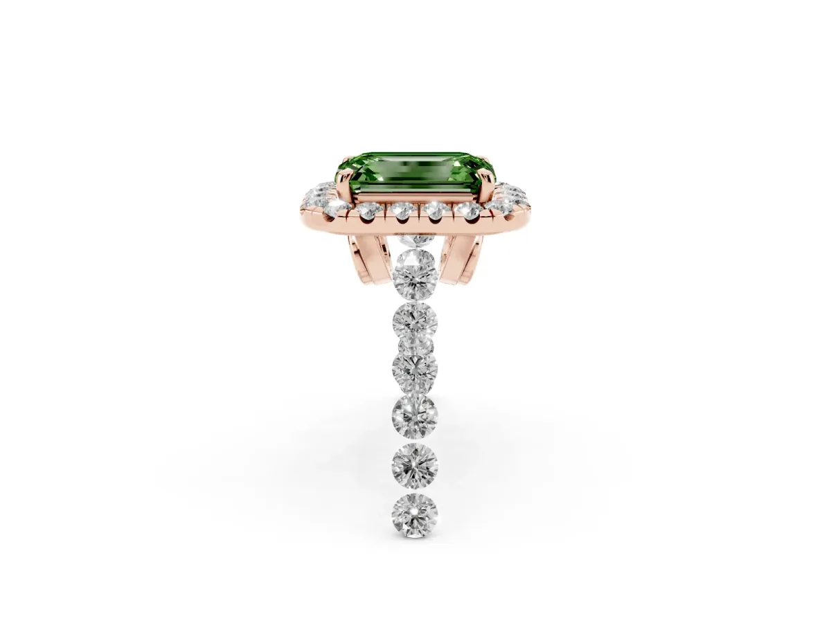 Fancy Green Emerald Cut Halo Pavé Diamond Engagement Ring with Four-Prong Setting Rose gold