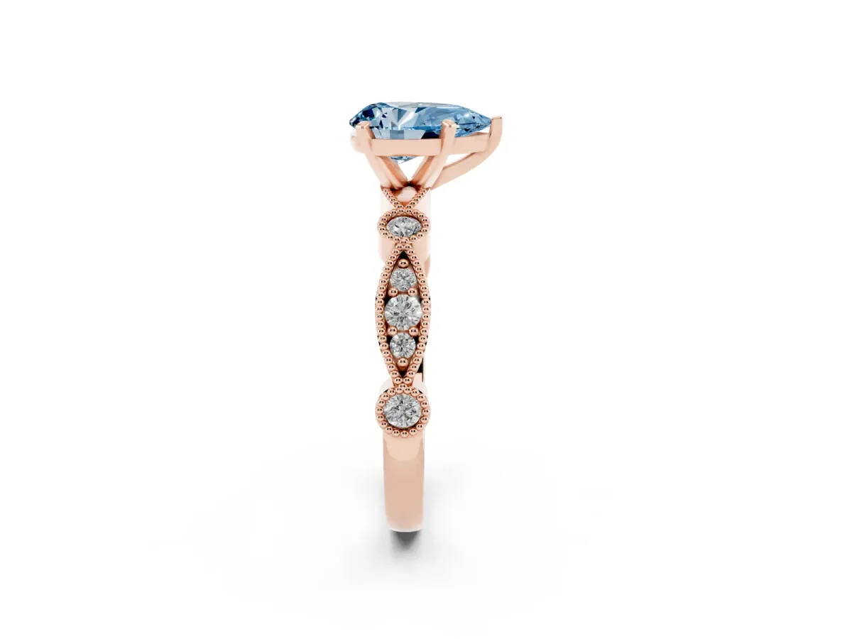 Fancy Blue Pear Cut Milgrain Bezel Diamond Engagement Ring with Solitaire Prong Setting Rose gold