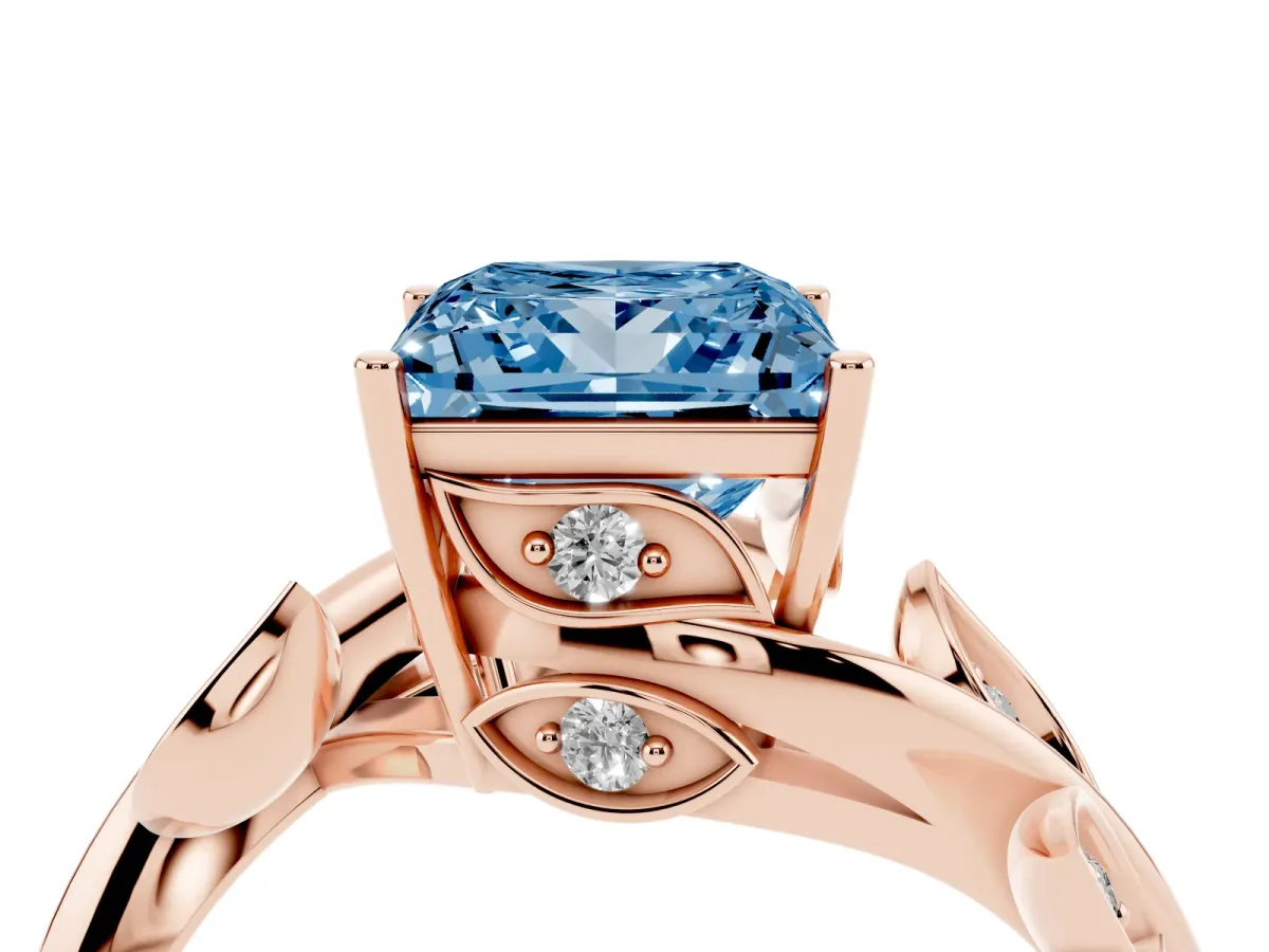 Fancy Blue Princess Cut Solitaire Twist Engagement Ring with Leaf Accents and Prong Setting Rose gold