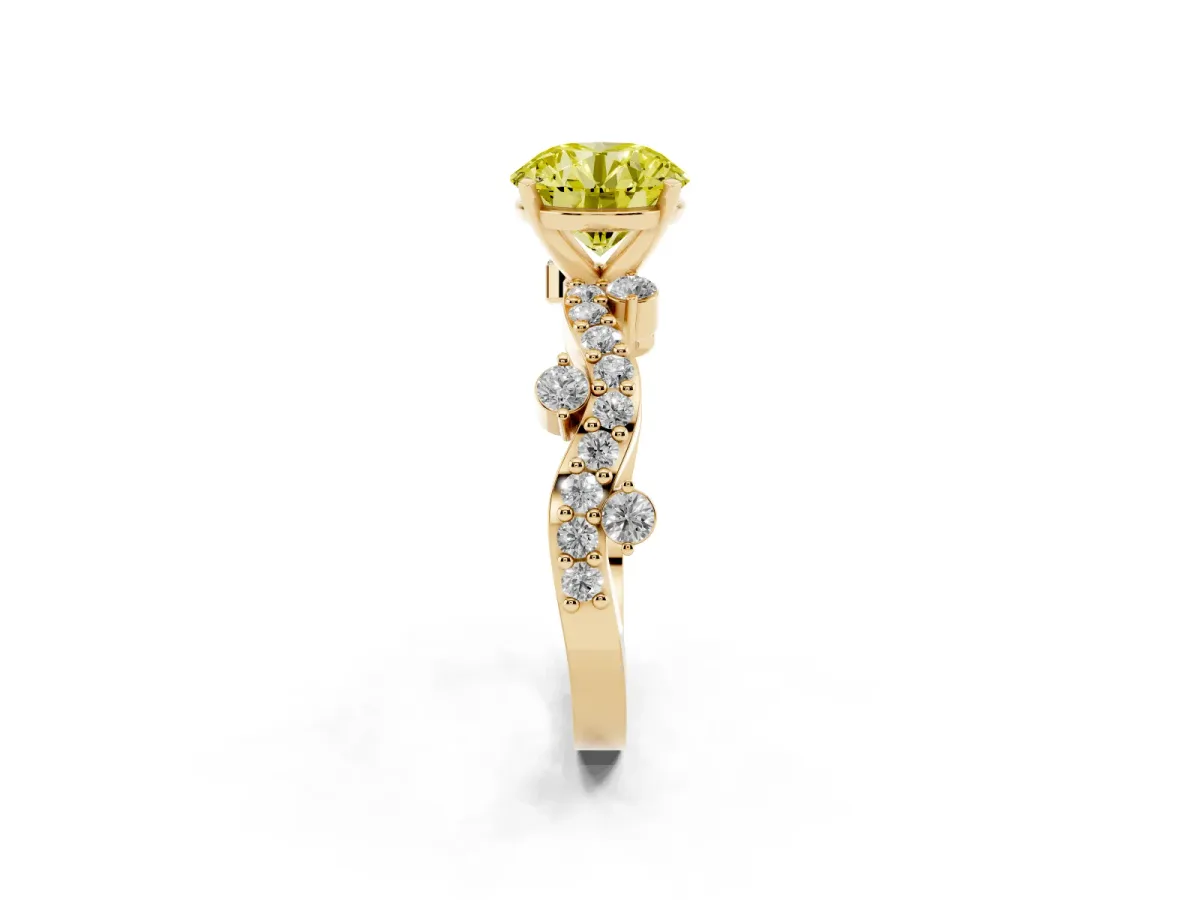 Fancy Yellow Round Cut Cut Solitaire Diamond Twisted Band with Pave Setting Yellow gold