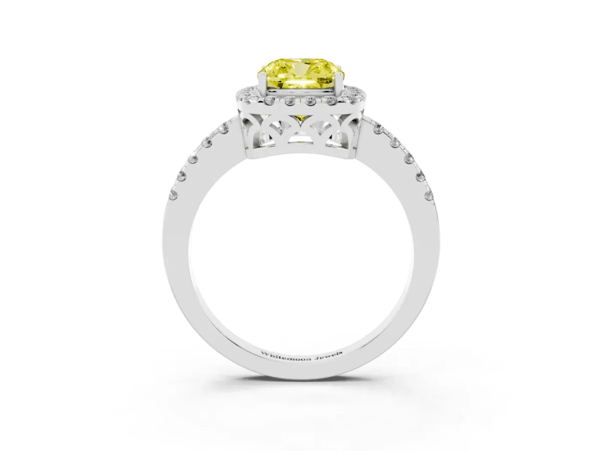 Fancy Yellow Cushion Cut Halo Diamond Engagement Ring with Pavé Band and Four-Prong Setting Platinum