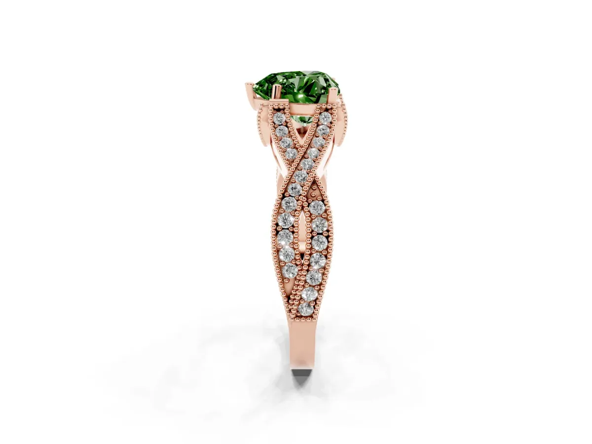 Fancy Green Heart Cut Cut Diamond Twisted Band with Milgrain Pave Setting and Four-Prong Setting Rose gold