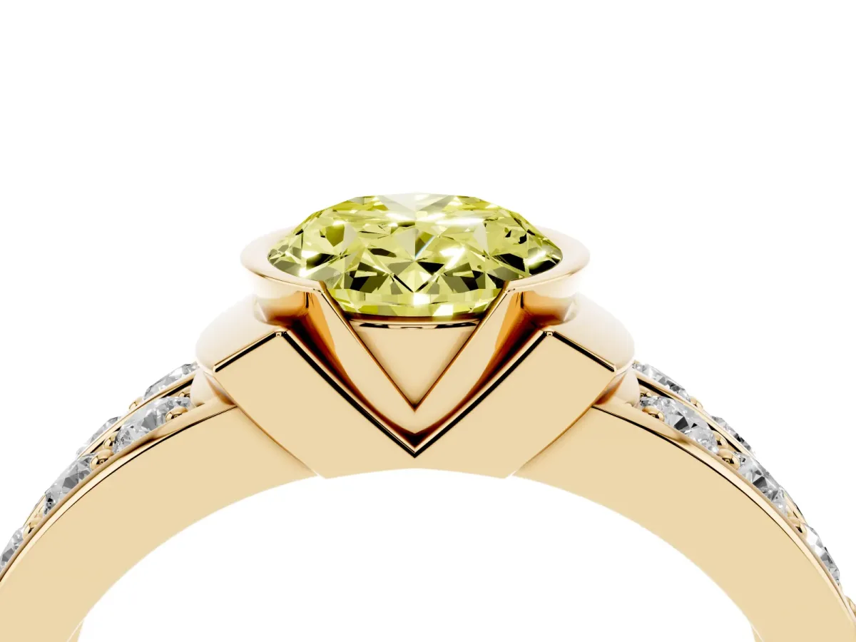 Fancy Yellow Oval Cut Brilliant Diamond Channel Set Wide Band Ring with Bezel Setting Yellow gold