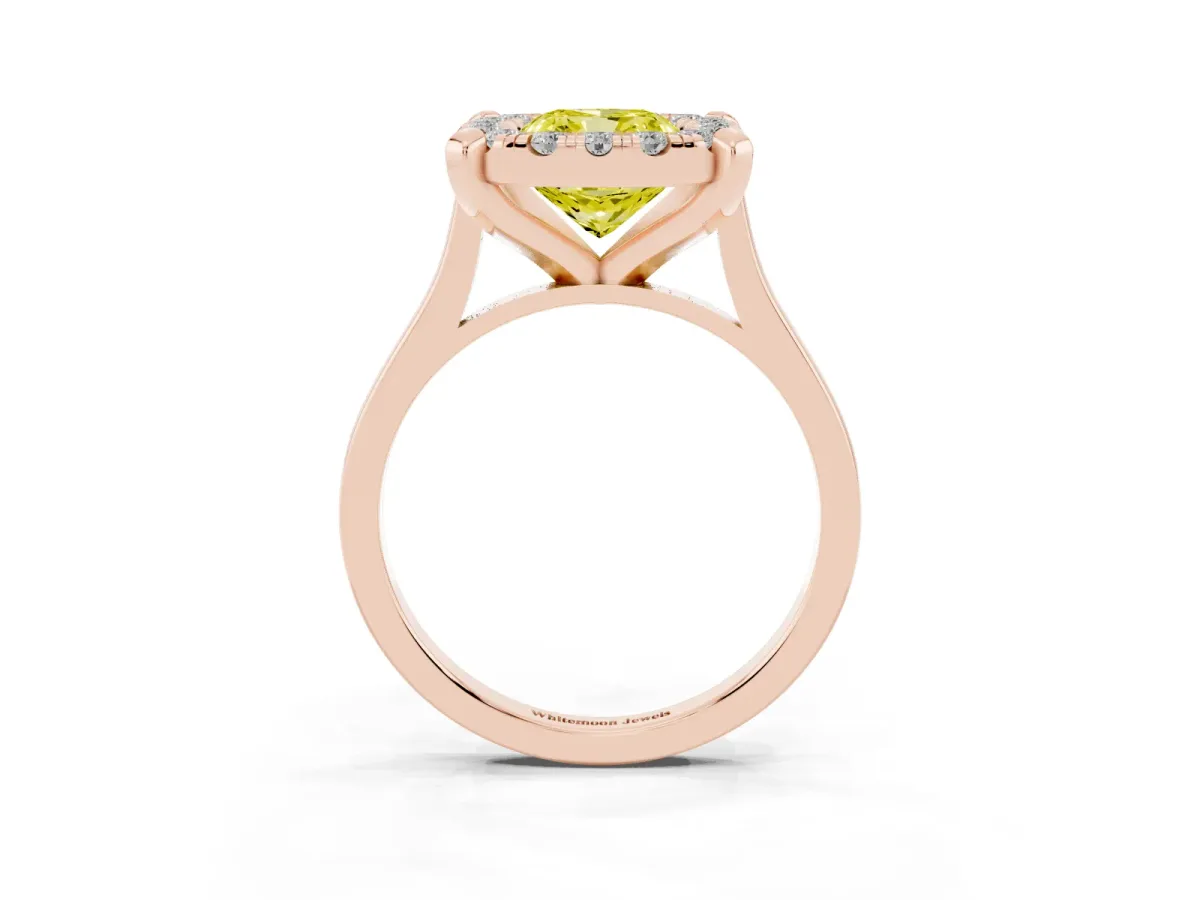 Fancy Yellow Cushion Cut Diamond Cluster Halo Solitaire with Four-Prong Setting Rose gold