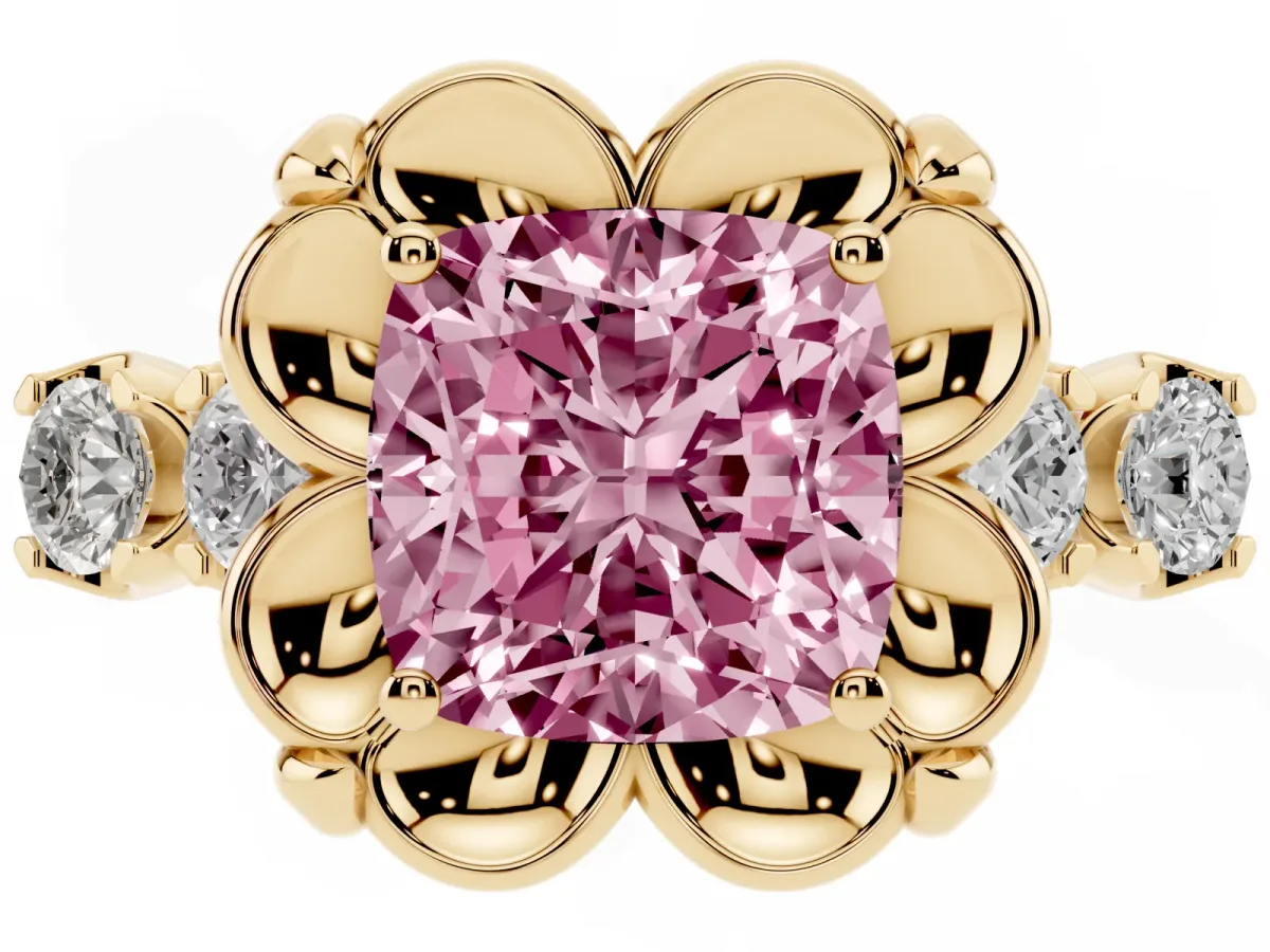 Fancy Pink Cushion Cut Cut Diamond Floral Halo Engagement Ring with Shared Prong Setting Yellow gold