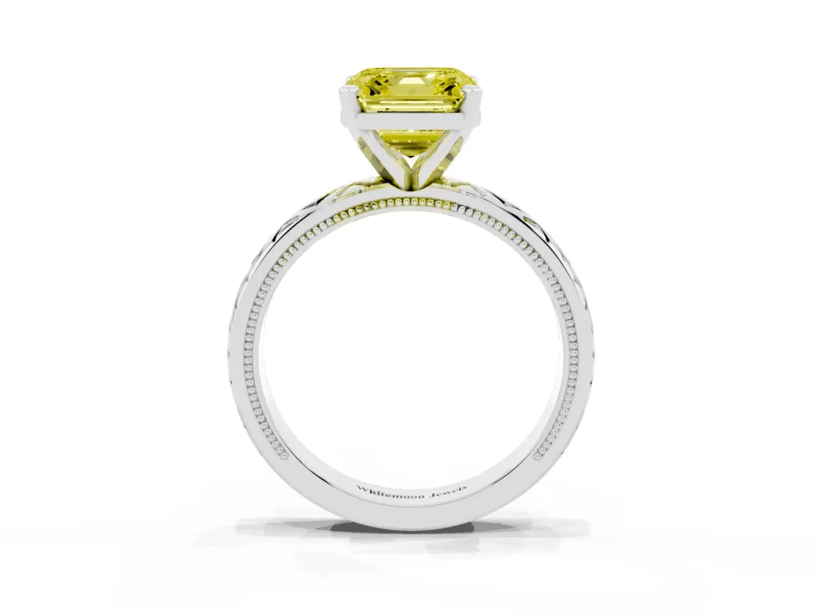 Fancy Yellow Asscher Cut Solitaire Diamond Ring with Milgrain and Black Enamel X Pattern Band Silver