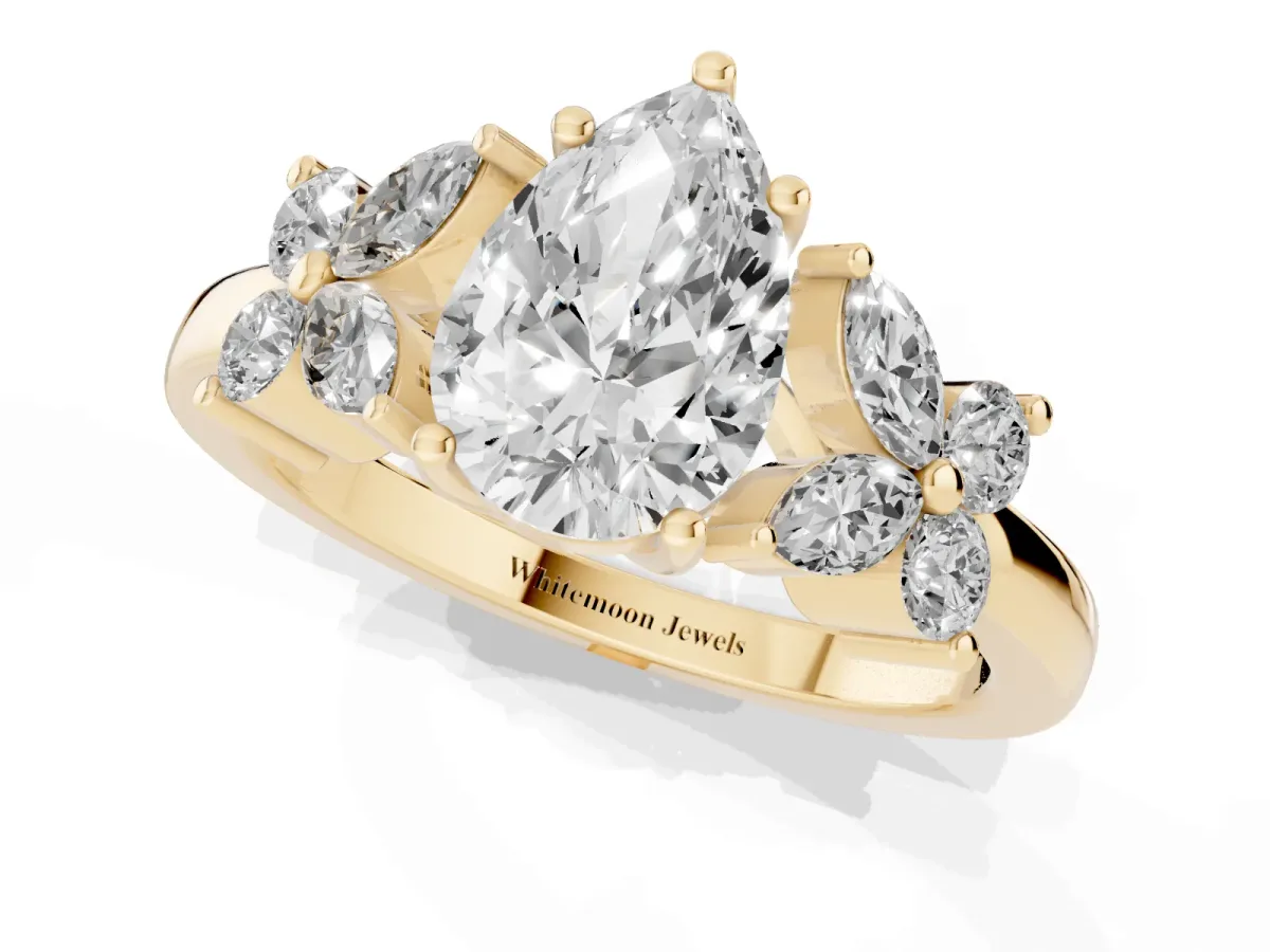 Pear Cut Diamond Floral Cluster Ring with Solitaire Band and Prong Setting Yellow gold