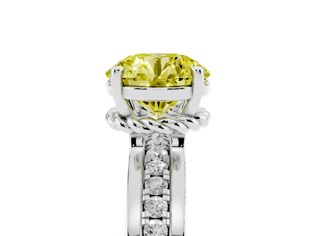 Fancy Yellow Round Cut Solitaire Diamond Ring with Channel Set Band and Six-Prong Setting Silver