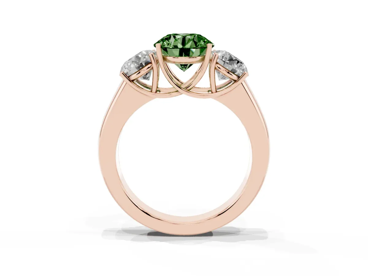Fancy Green Three-Stone Round Cut Cut Diamond Ring with Prong Setting and Classic Band Rose gold