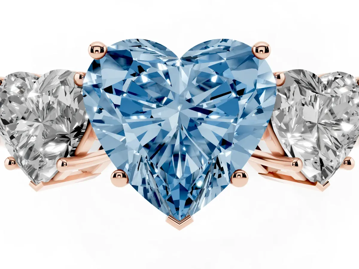 Fancy Blue Three-Stone Heart Cut Cut Diamond Engagement Ring with Flat Band and Four-Prong Setting Rose gold