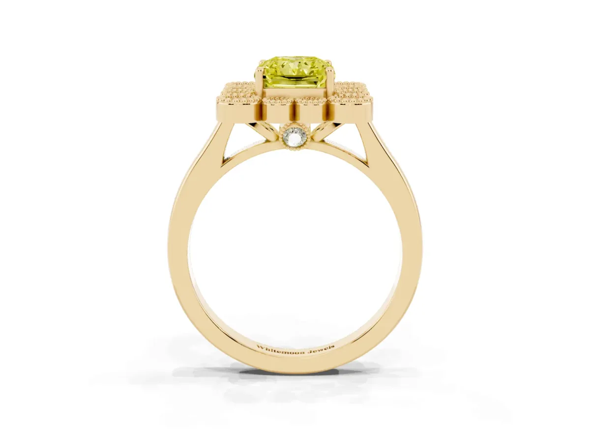 Fancy Yellow Radiant Cut Halo Diamond Cluster Engagement Ring with Milgrain Bezel Setting and Solitaire Band Yellow gold