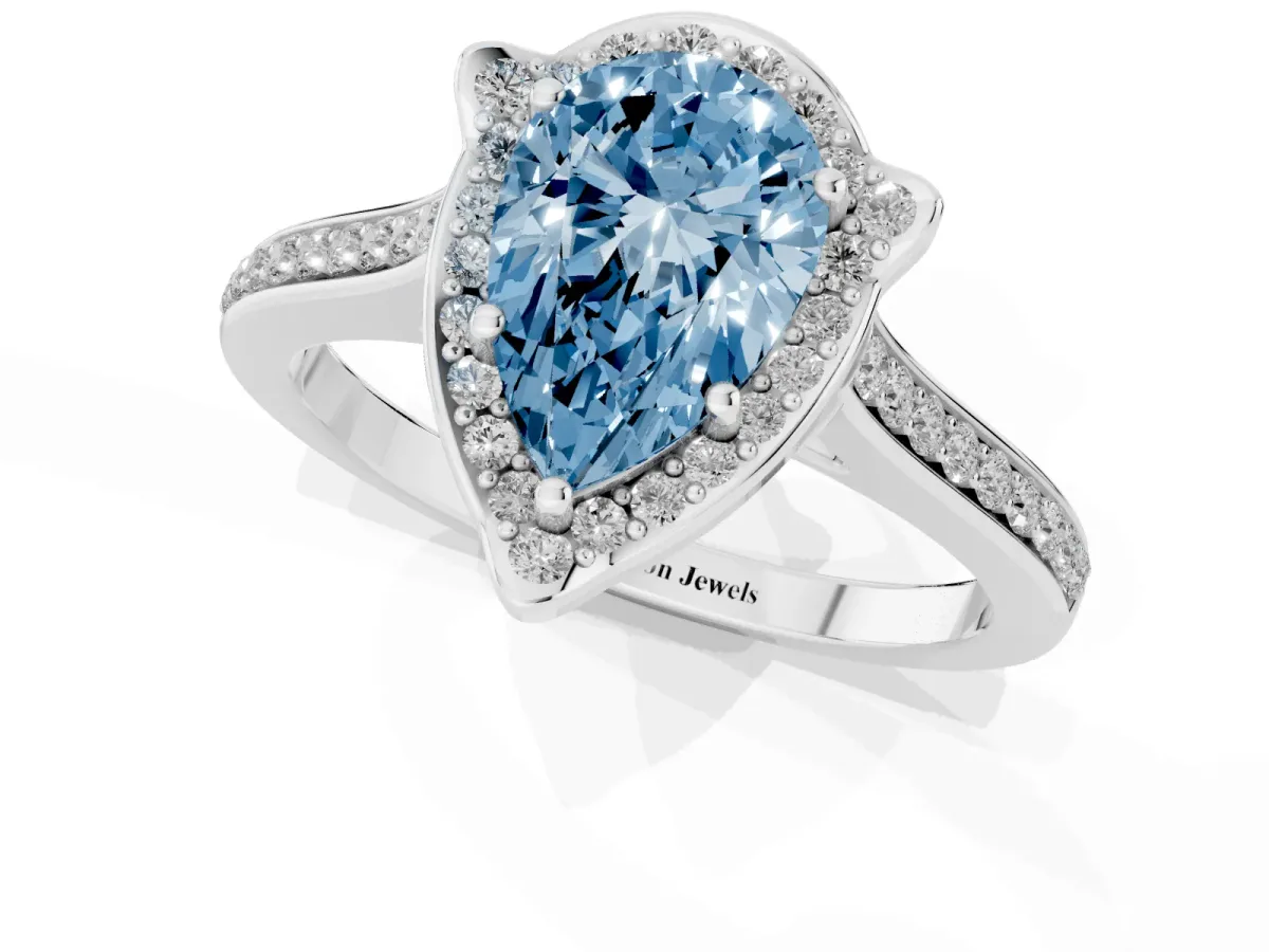 Fancy Blue Pear Cut Halo Round Diamond Pave Band with Four-Prong Setting Silver