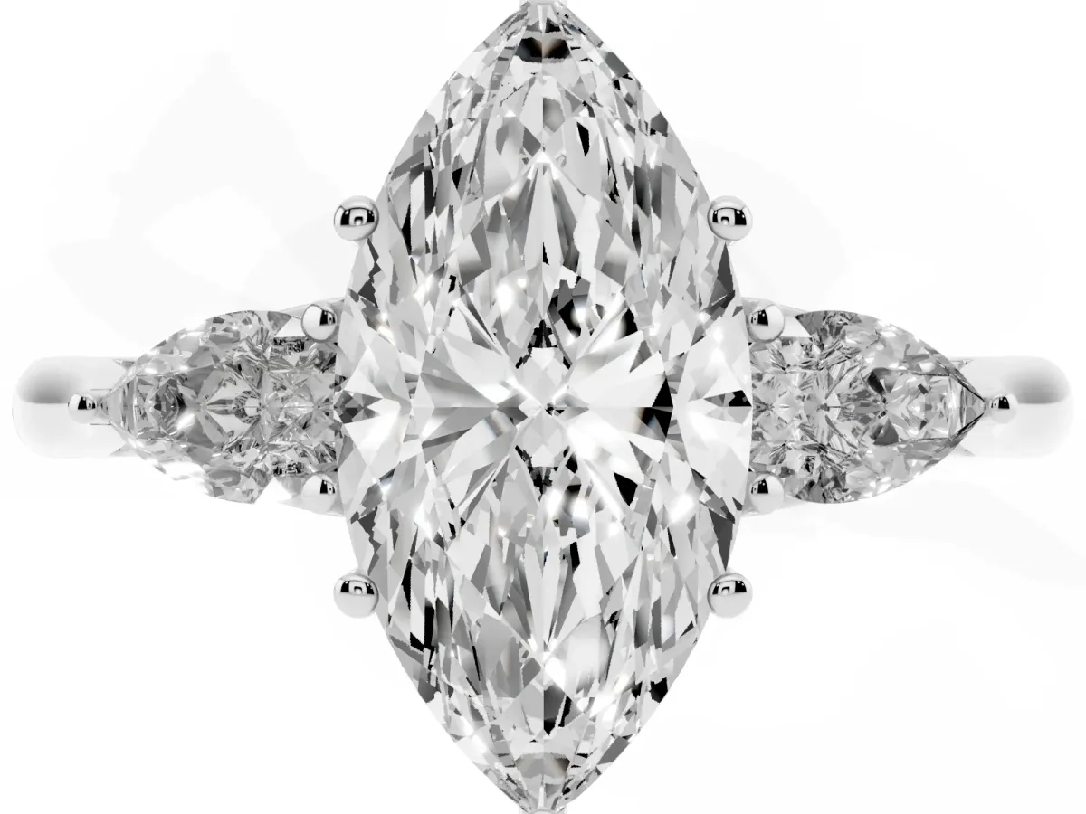 Marquise Cut Diamond Three-Stone Ring with Pear Side Stones and Prong Setting Silver