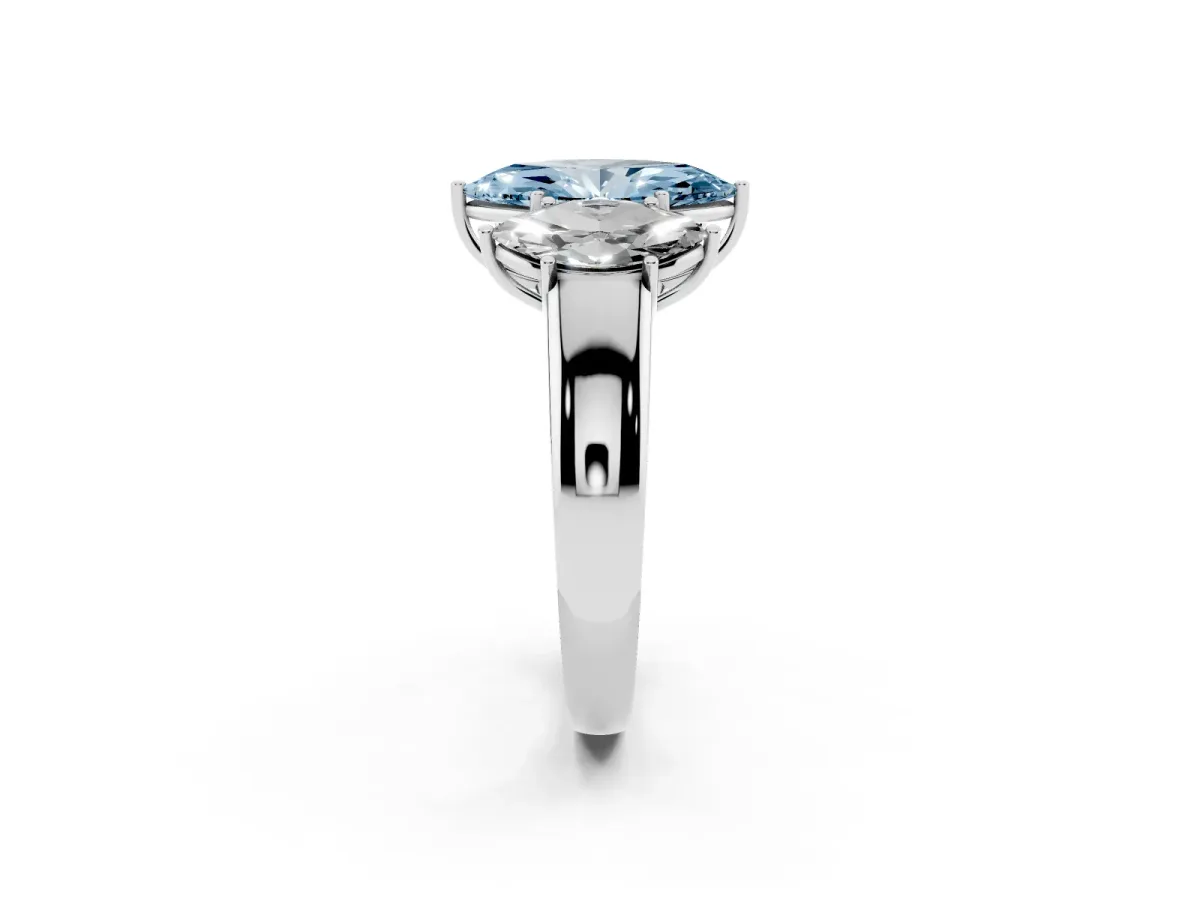Fancy Blue Three-Stone Marquise Cut Cut Diamond Ring with Prong Setting and Classic Band Silver