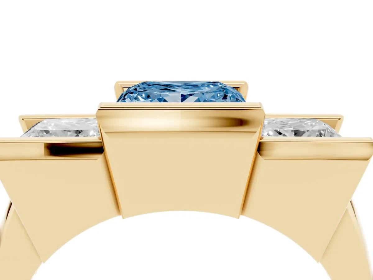 Fancy Blue Three Stone Princess Cut Cut Channel Set Diamond Ring Yellow gold