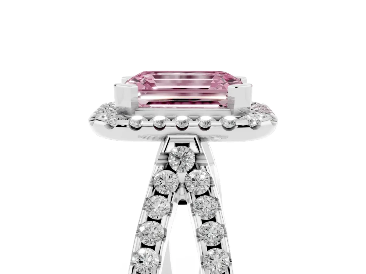 Fancy Pink Emerald Cut Diamond Halo Ring with Split Shank Pavé Band and Prong Setting Silver