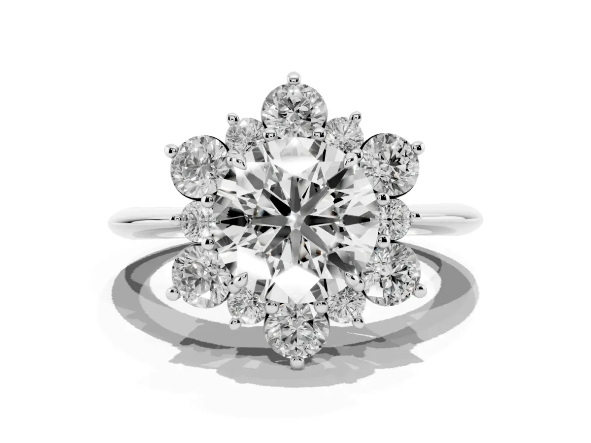 Round Cut Diamond Cluster Halo Ring with Solitaire Band and Four-Prong Setting Silver