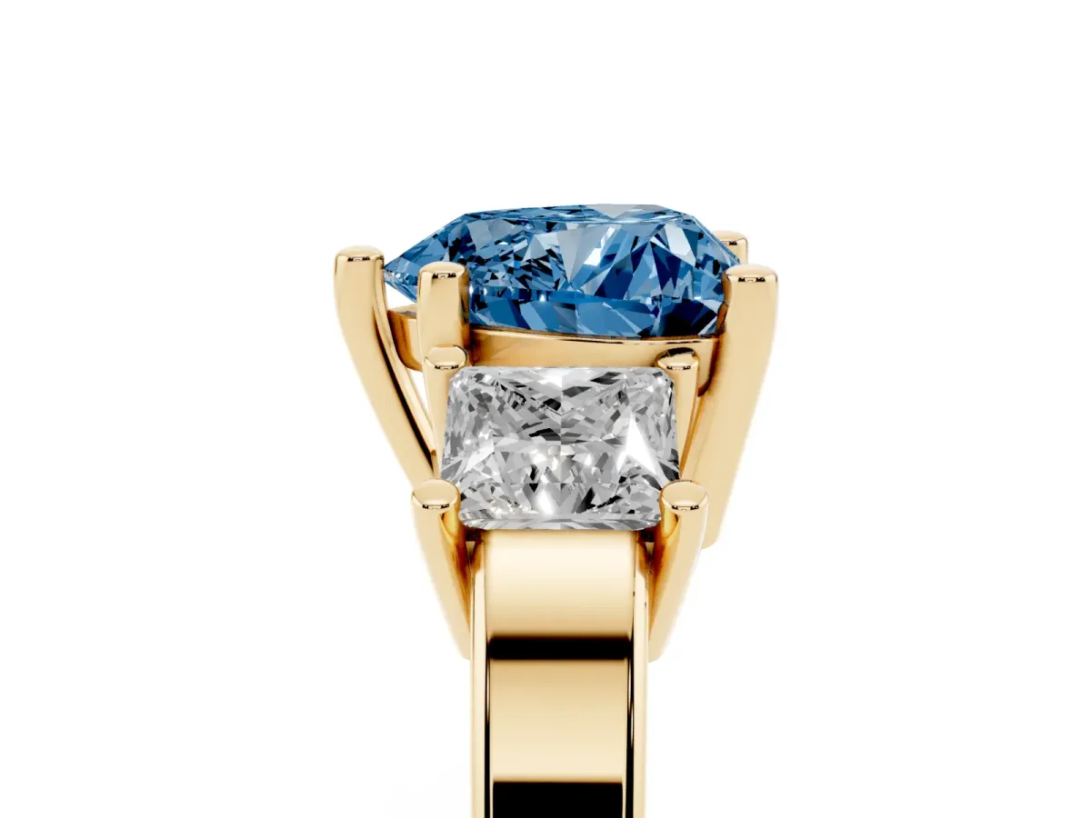 Fancy Blue Three-Stone Heart Cut Cut Solitaire Ring with Prong Setting Yellow gold