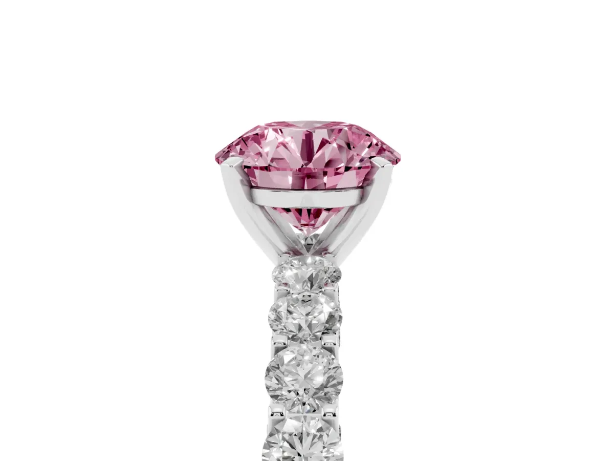 Fancy Pink Round Cut Diamond Solitaire Ring with Shared Prong Pavé Band and Four-Prong Setting Silver