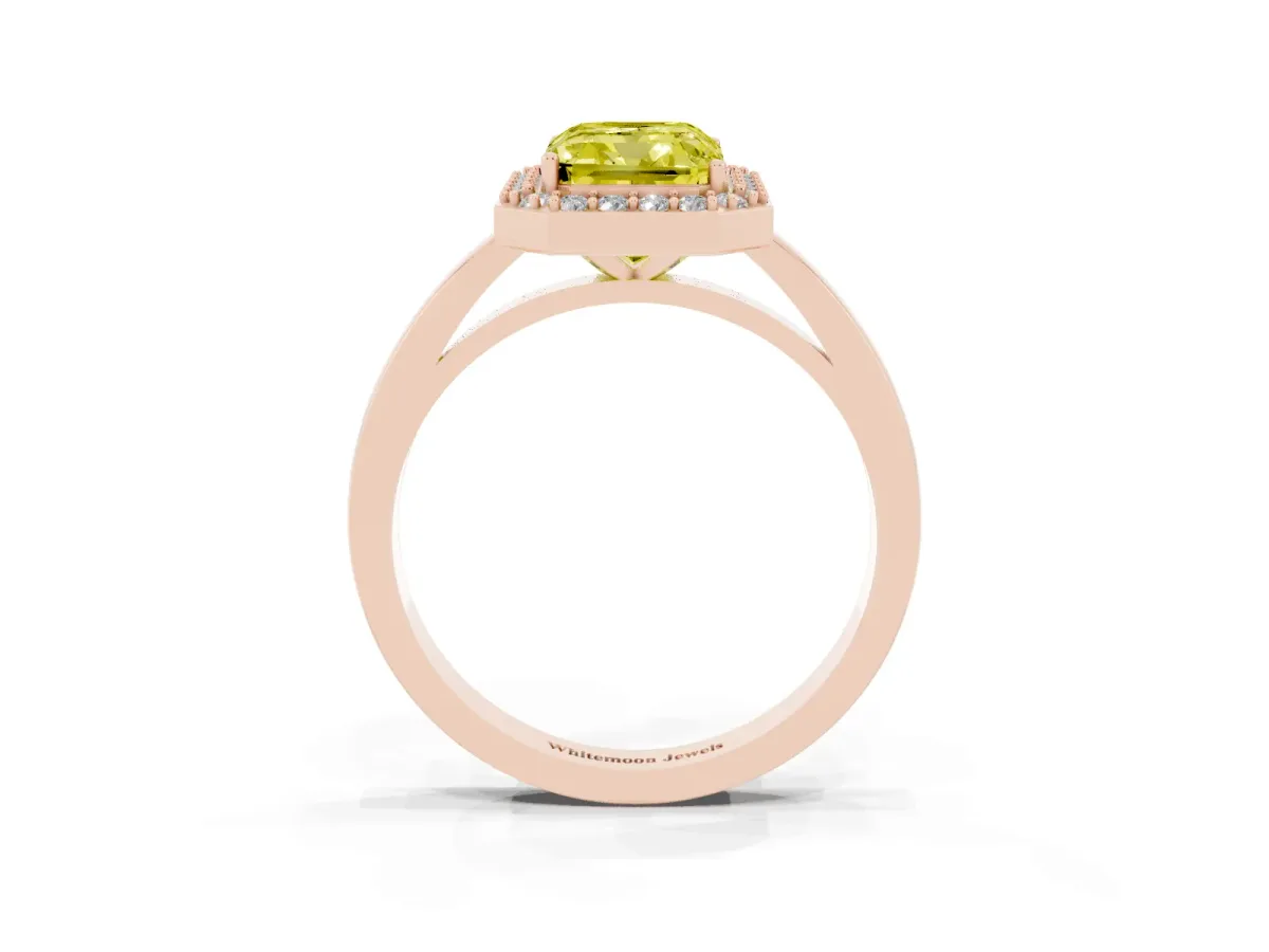 Fancy Yellow Radiant Cut Halo Diamond Ring with Solitaire Band and Prong Setting Rose gold