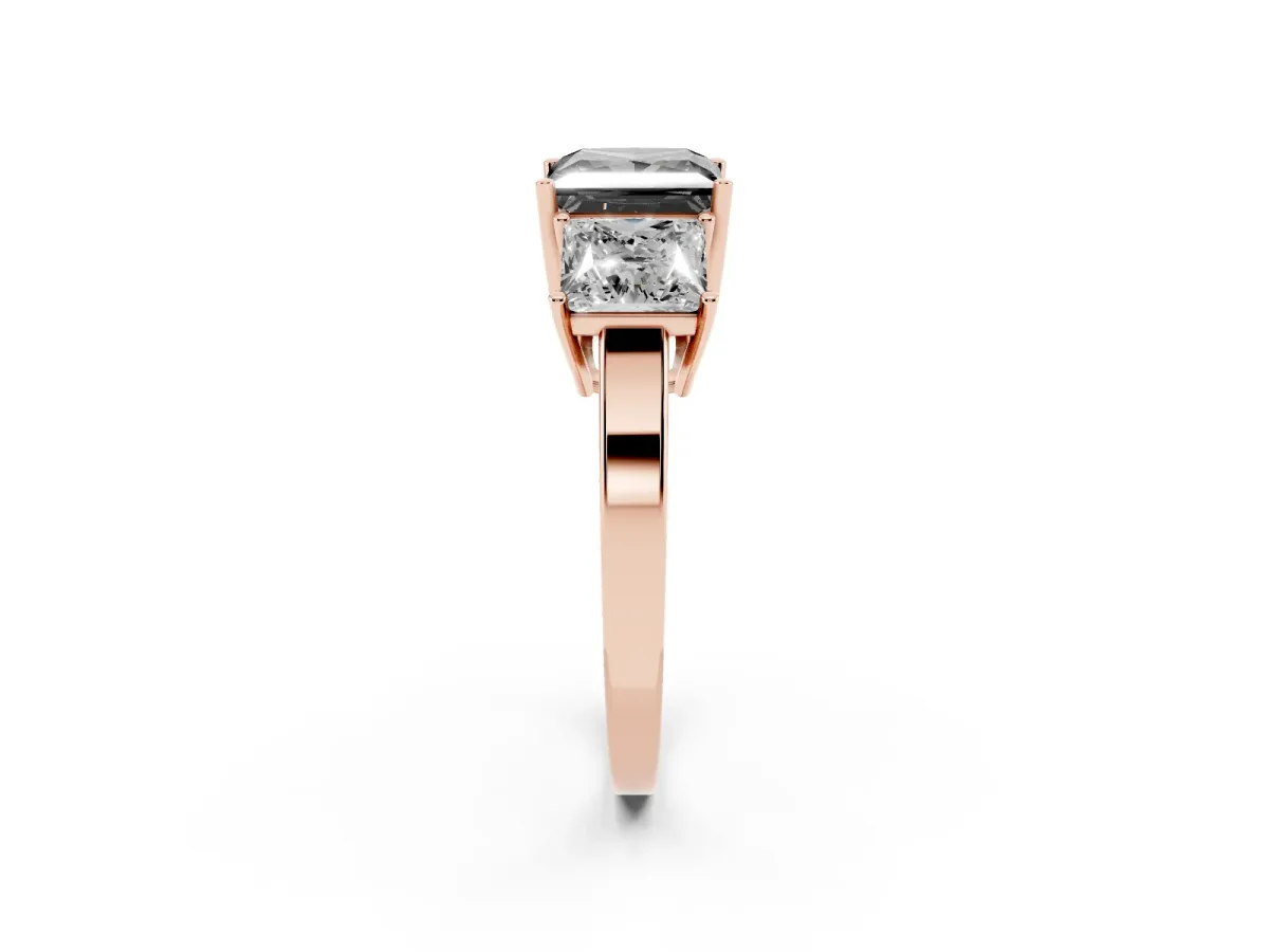 Fancy Black Three-Stone Princess Cut Cut Diamond Engagement Ring with Flat Band and Four-Prong Setting Rose gold