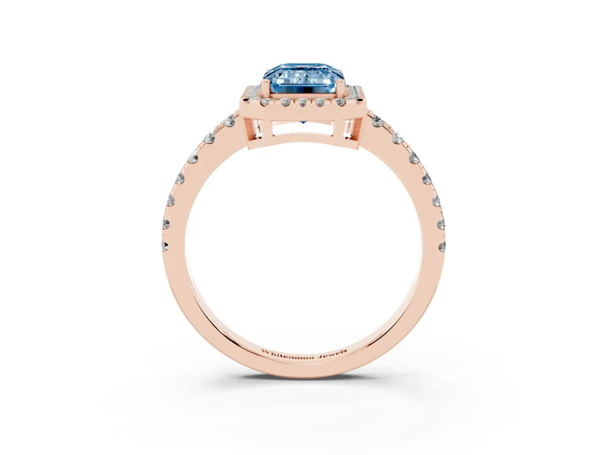 Fancy Blue Emerald Cut Diamond Halo Ring with Pavé Band and Four-Prong Setting Rose gold