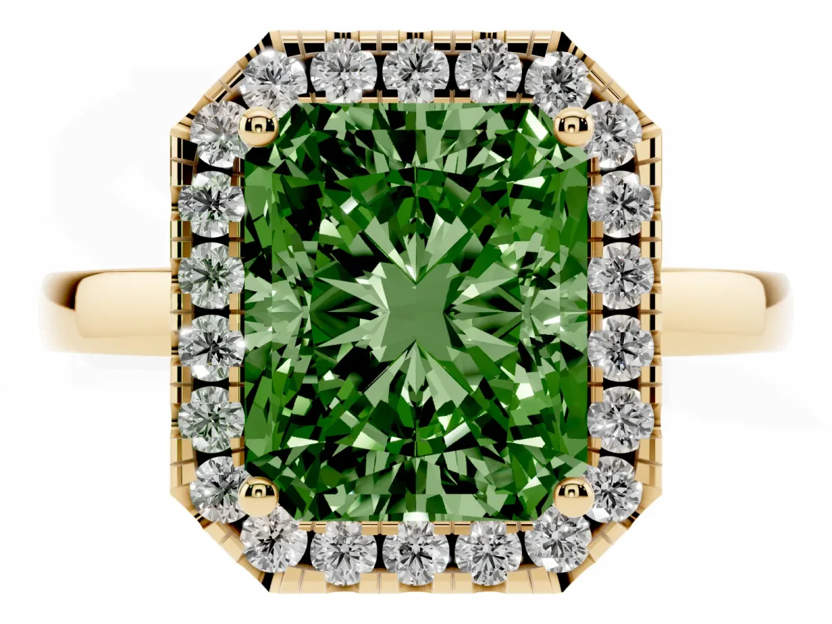 Fancy Green Radiant Cut Halo Diamond Solitaire with Pavé Band and Four-Prong Setting Yellow gold
