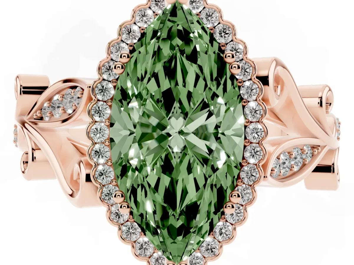 Fancy Green Marquise Cut Diamond Halo Ring with Vintage Split Shank and Four-Prong Setting Rose gold
