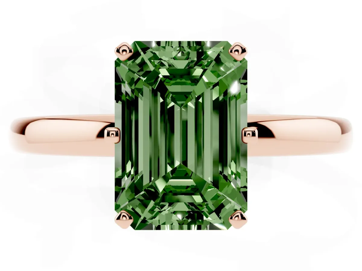 Fancy Green Emerald Cut Solitaire Diamond Ring with Six-Prong Setting on a Classic Band Rose gold