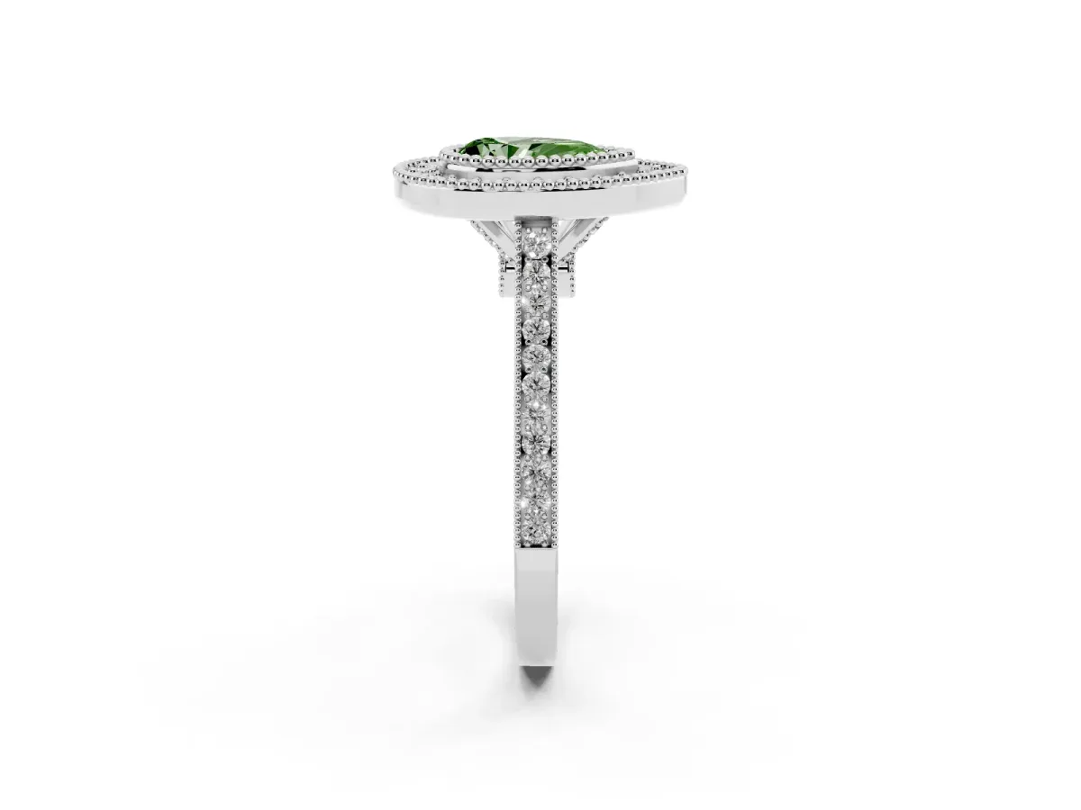 Fancy Green Pear Cut Diamond Halo Ring with Milgrain Frame and Pavé Band Silver