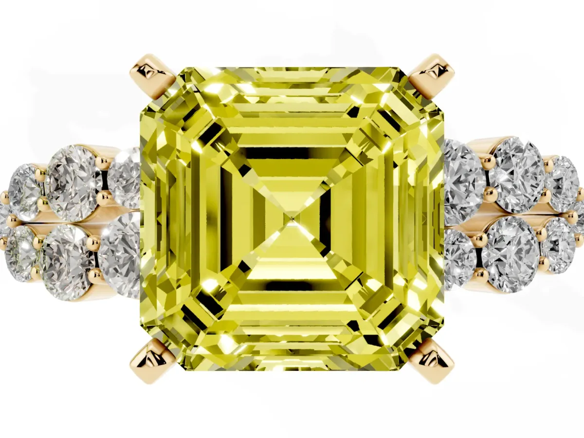 Fancy Yellow Asscher Cut Cluster Diamond Engagement Ring with Pavé Band and Four-Prong Setting Yellow gold