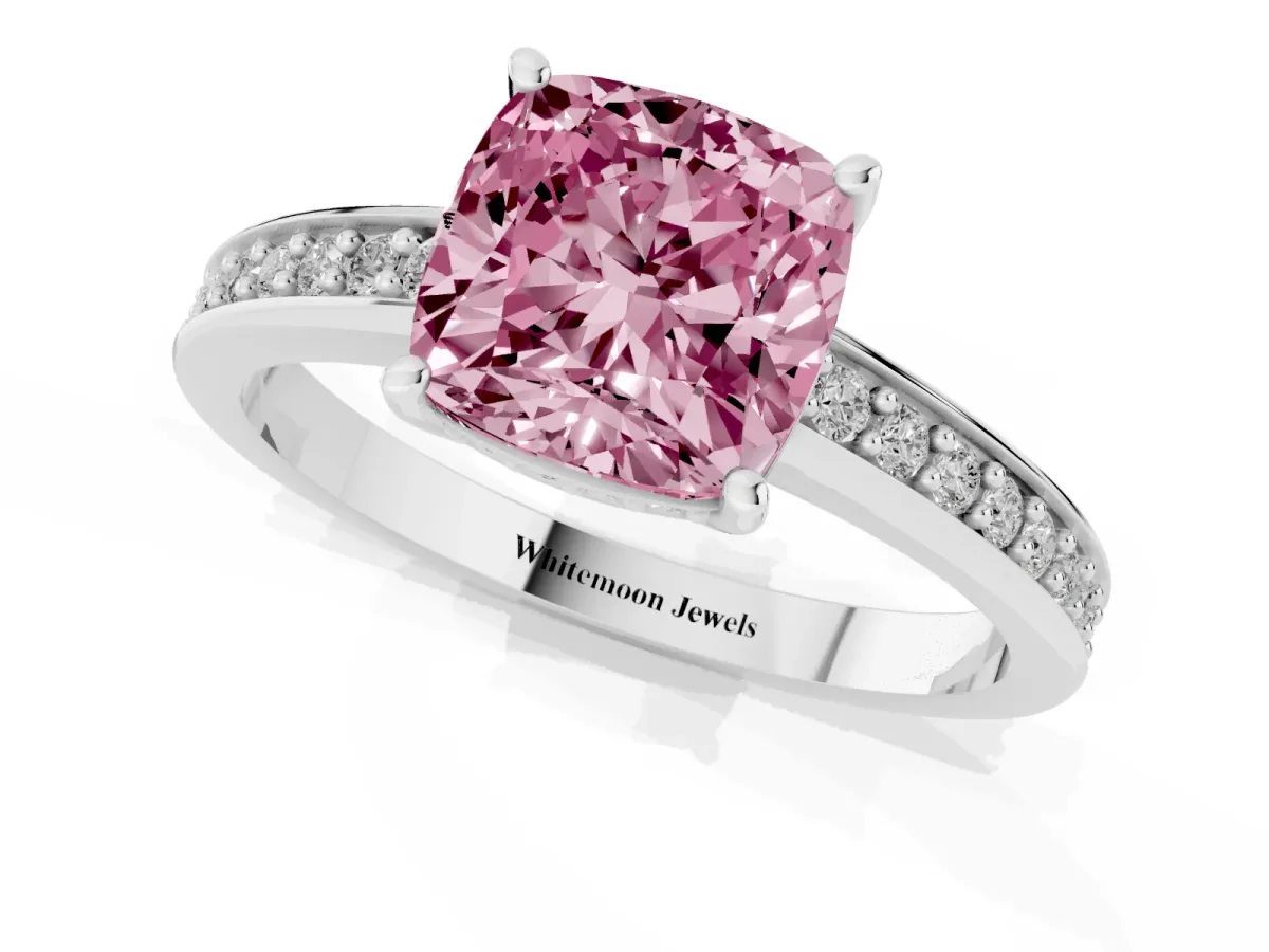 Fancy Pink Cushion Cut Solitaire Pavé Band Prong Setting Ring Silver