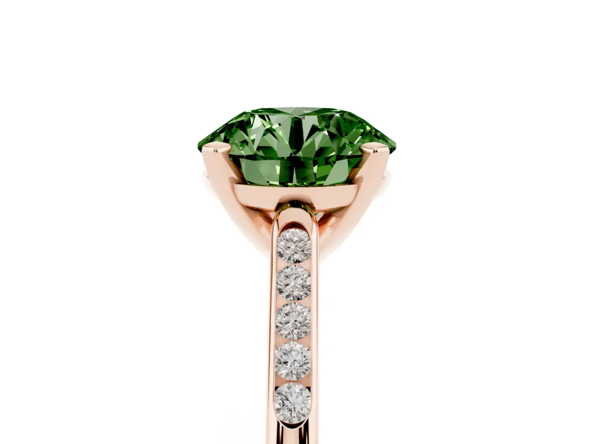 Fancy Green Round Cut Diamond Solitaire Ring with Channel Set Round Band and Prong Setting Rose gold