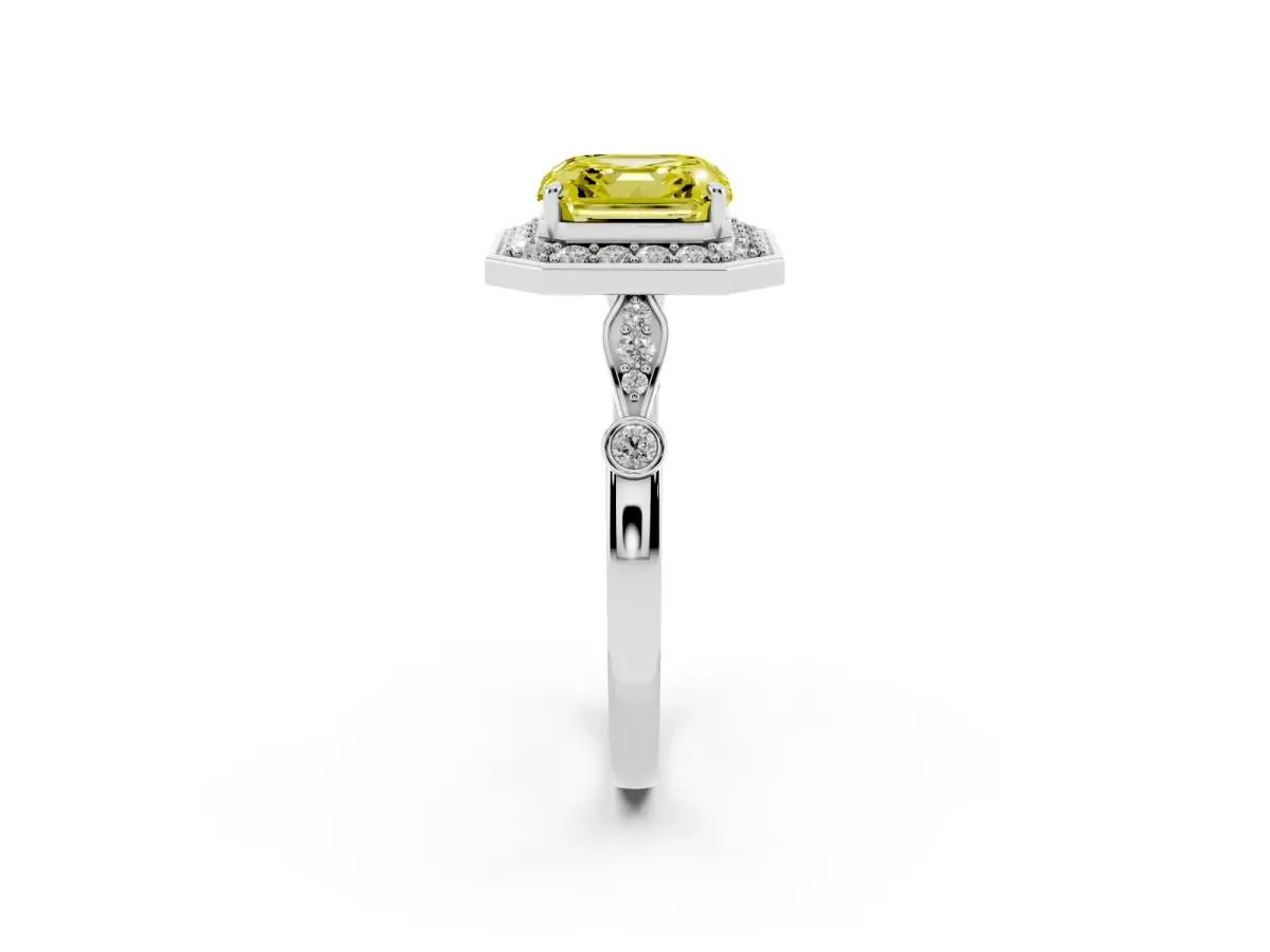 Fancy Yellow Asscher Cut Halo Diamond Engagement Ring with Twisted Band and Four-Prong Setting Silver