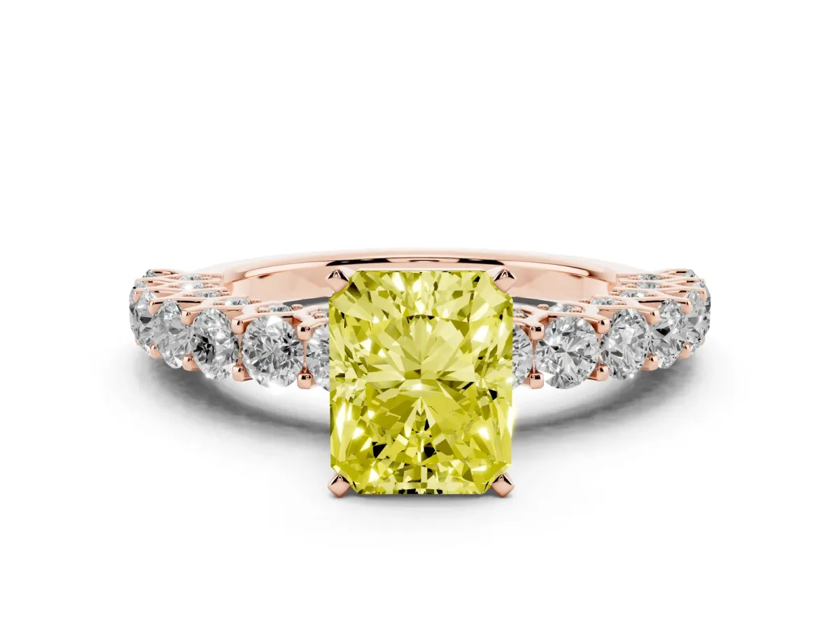 Fancy Yellow Radiant Cut Diamond Solitaire Ring with Shared Prong Pavé Band and Four-Prong Setting Rose gold