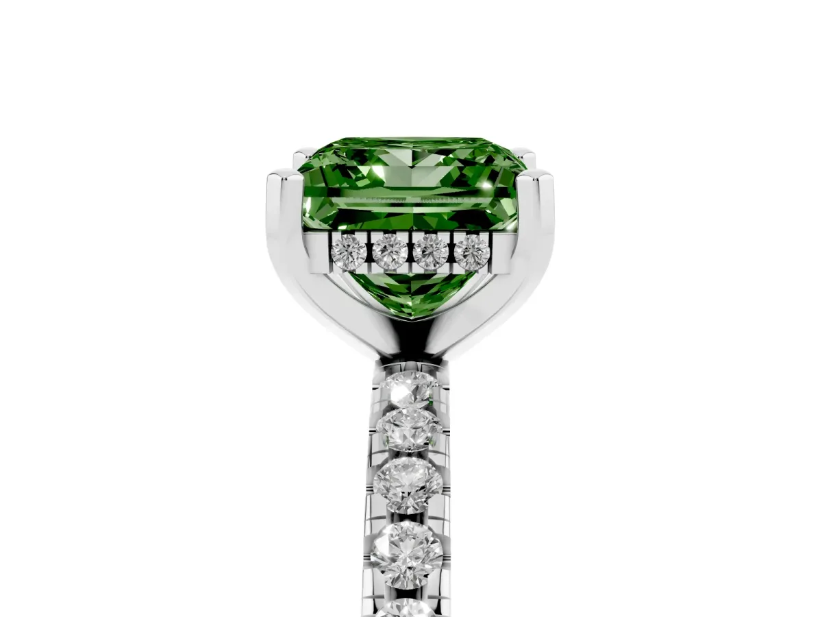 Fancy Green Princess Cut Diamond Solitaire Ring with Round Pavé Band and Four-Prong Setting Silver