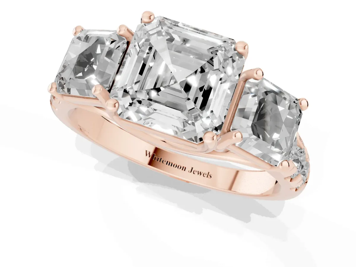 Three-Stone Asscher Cut Diamond Pavé Band with Prong Setting Rose gold