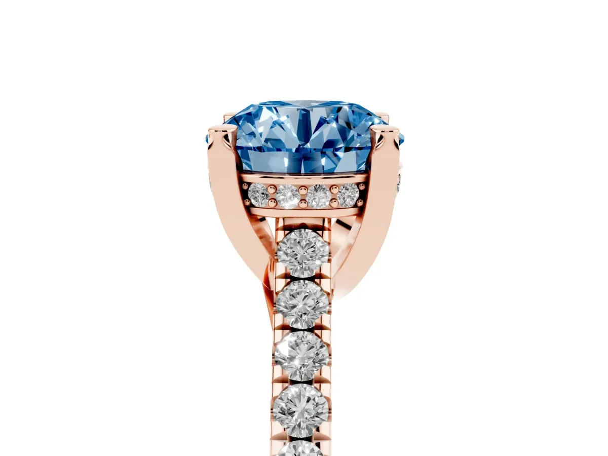 Fancy Blue Round Cut Brilliant Diamond Solitaire with Pavé Band and Four-Prong Setting Rose gold