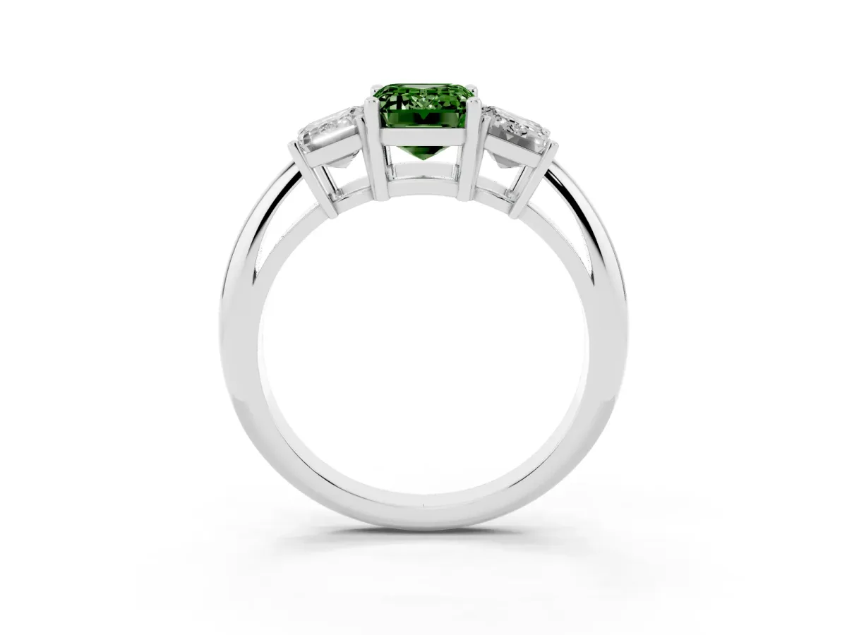Fancy Green Three-Stone Emerald Cut Cut Diamond Engagement Ring with Prong Setting on a White Gold Band White gold