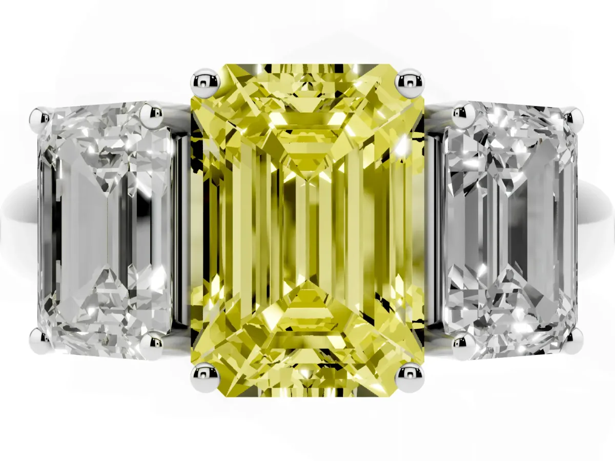 Fancy Yellow Three-Stone Emerald Cut Diamond Engagement Ring with Prong Setting White gold