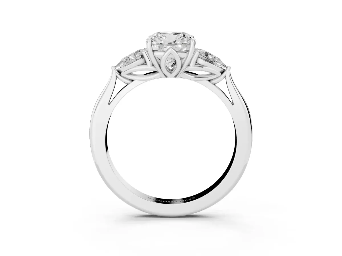Three-Stone Cushion Cut Brilliant Diamond Solitaire Ring with Tapered Band and Four-Prong Setting Silver